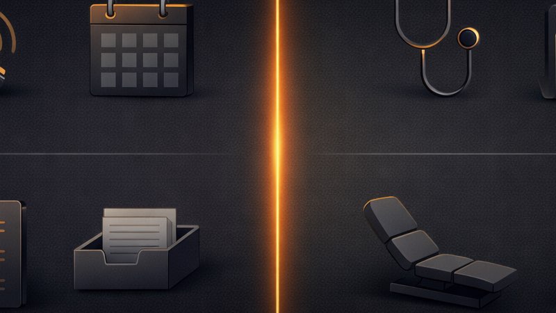 Clinic administrative icons: phone, calendar, stethoscope, folder, checklist, inbox, examination table, shield