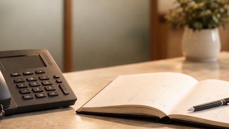 Traditional clinic reception desk with phone and appointment book